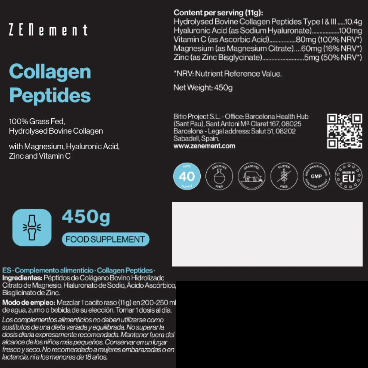 Peptídeos de Colagénio Bovino Hidrolisado Zenement 450 g