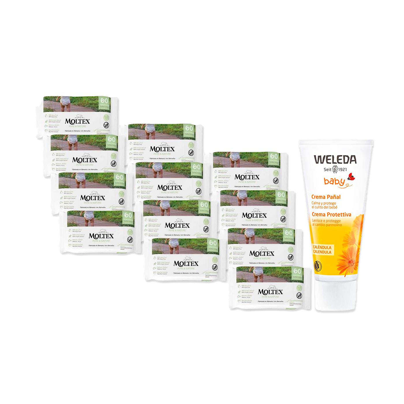 PACOTE ESPECIAL Creme para Fraldas Weleda Calendula 75ml + Embalagem de 12 Toalhetes Moltex Pure & Nature 60 Unidades