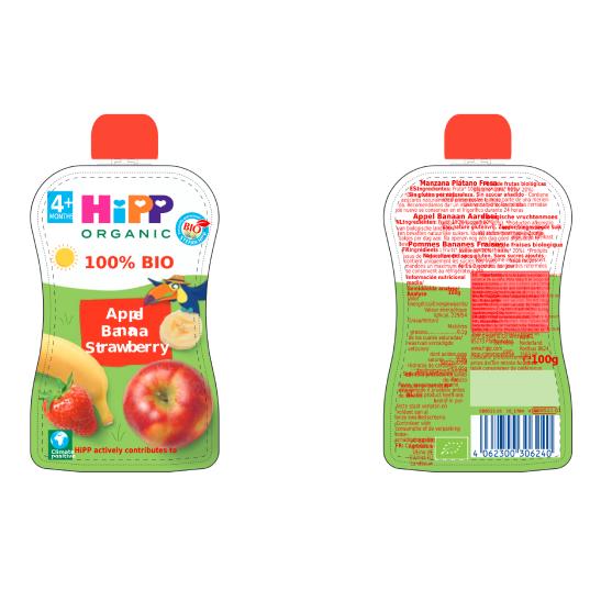 Embalagem de 6 saquetas de Maçã, Banana e Morango HiPP 100 g