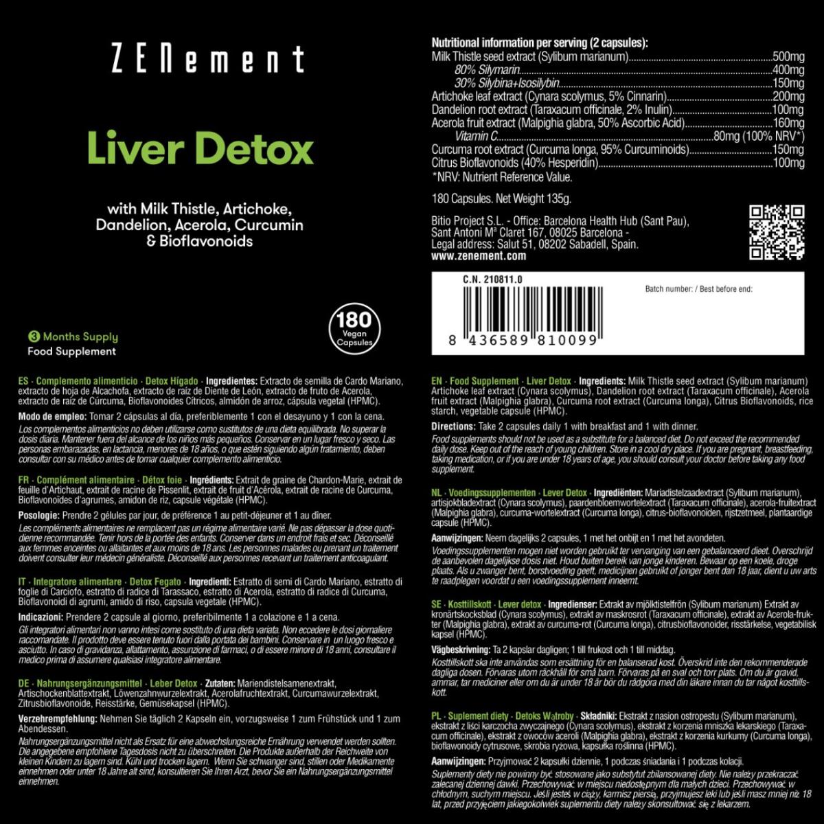 Desintoxicação do fígado com cardo mariano + alcachofra + dente-de-leão + acerola + curcuma e bioflavonóides Zenement, 180 comprimidos