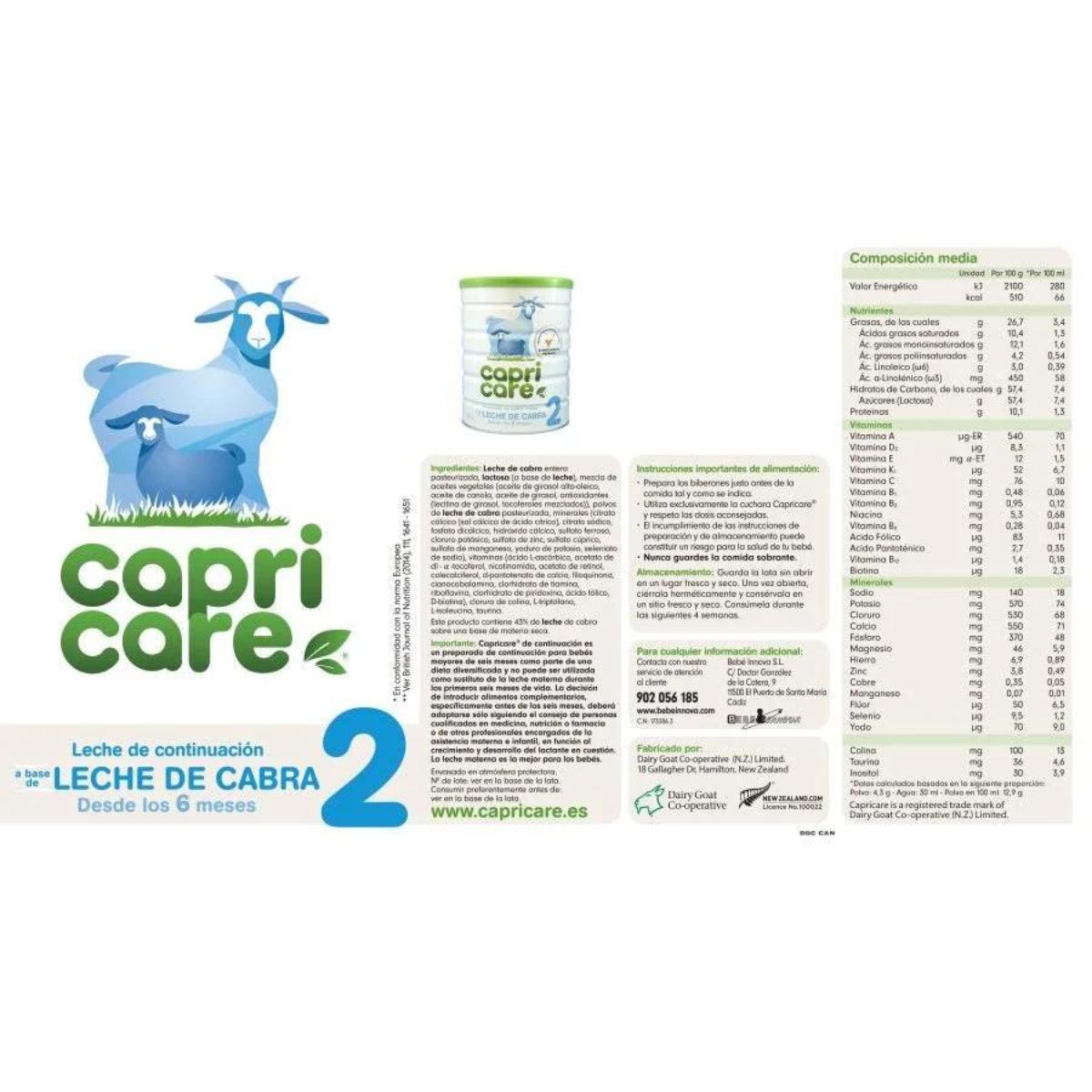 Fórmula de leite de cabra, leite de continuação 2 Capricare 800 gr