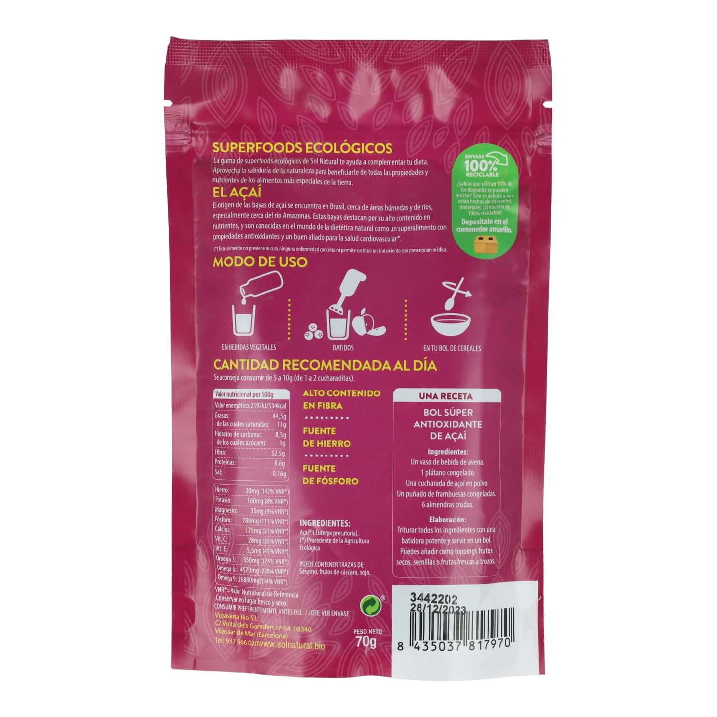 Sol Natural açaí em pó biológico 70 g