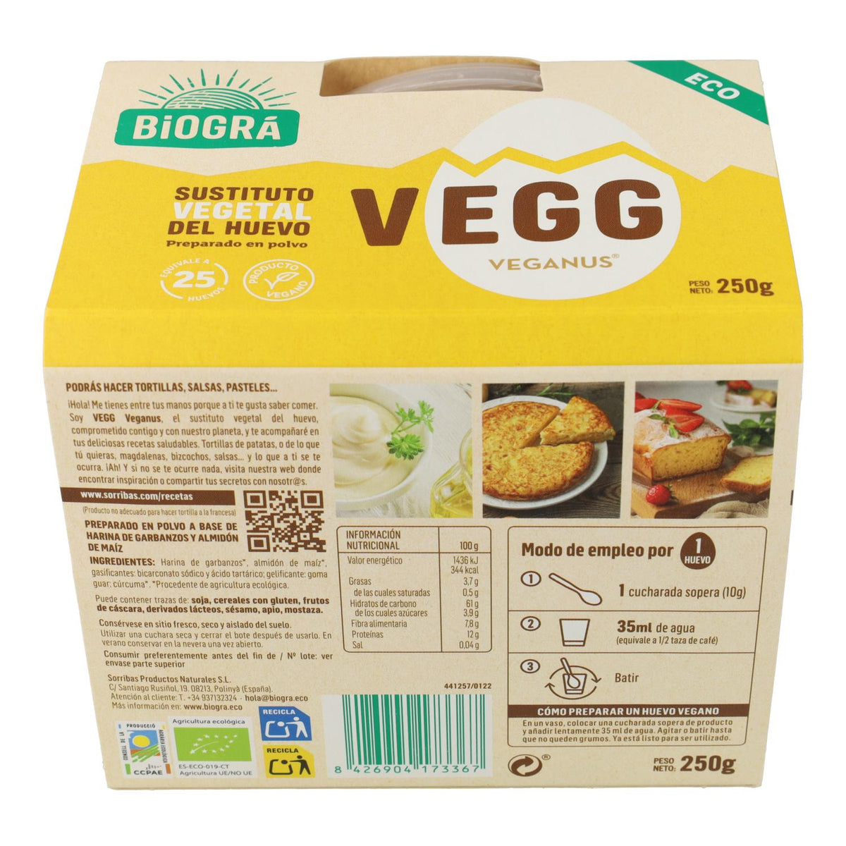 Vegg, substituto de ovo vegetal biológico, Biográ 250 gr