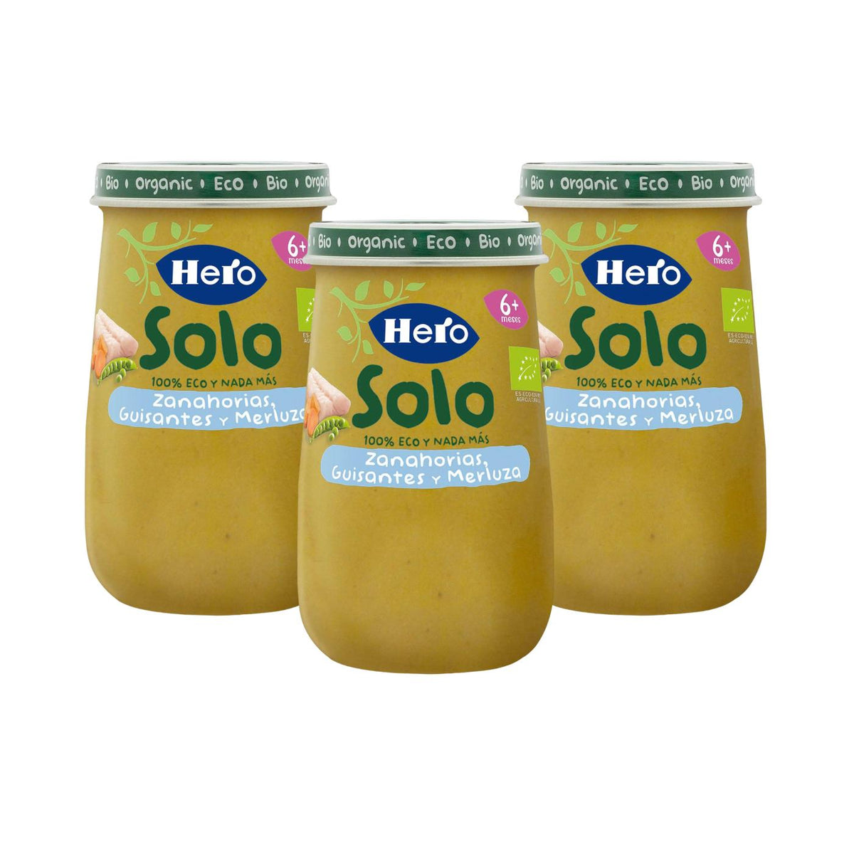 Pack promocional com 3 frascos de ervilhas de pescada biológica Hero Baby 190g