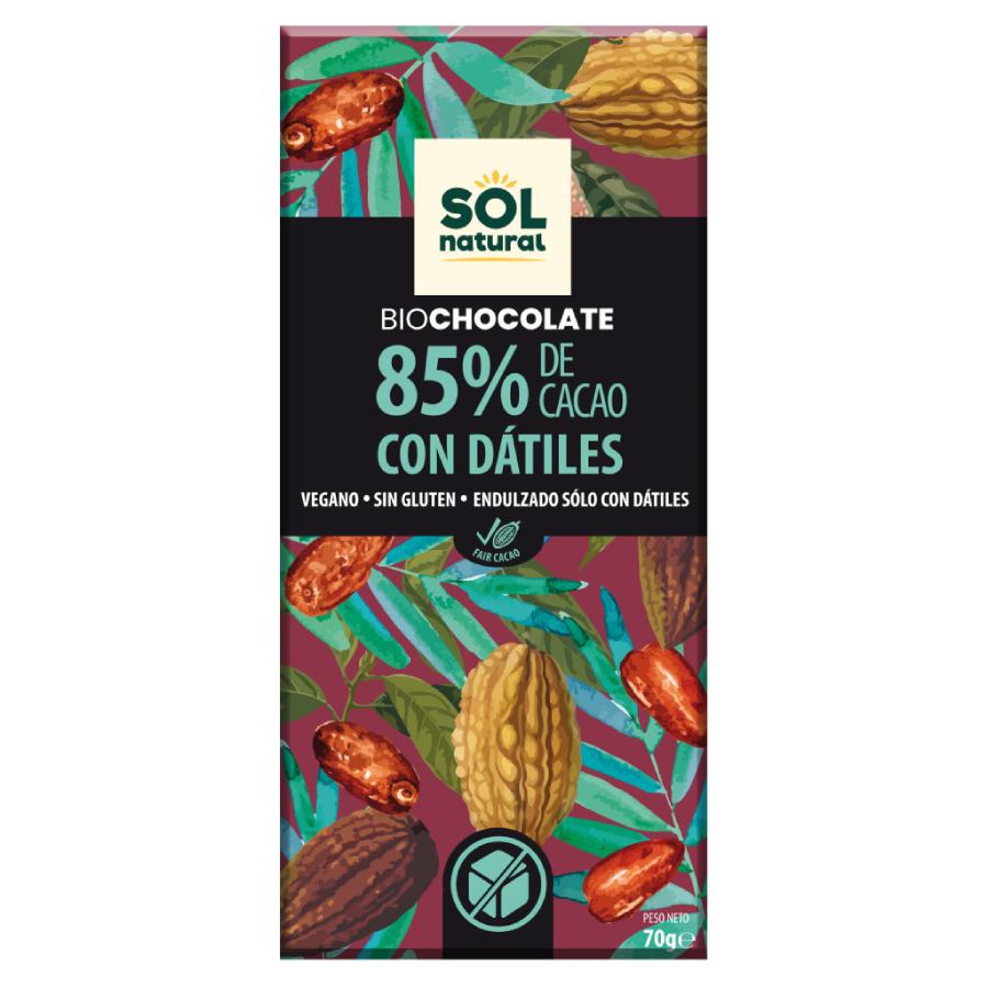 Barra de Chocolate Vegan 85% Cacau e Tâmaras Orgânicas Sol Natural 70 g