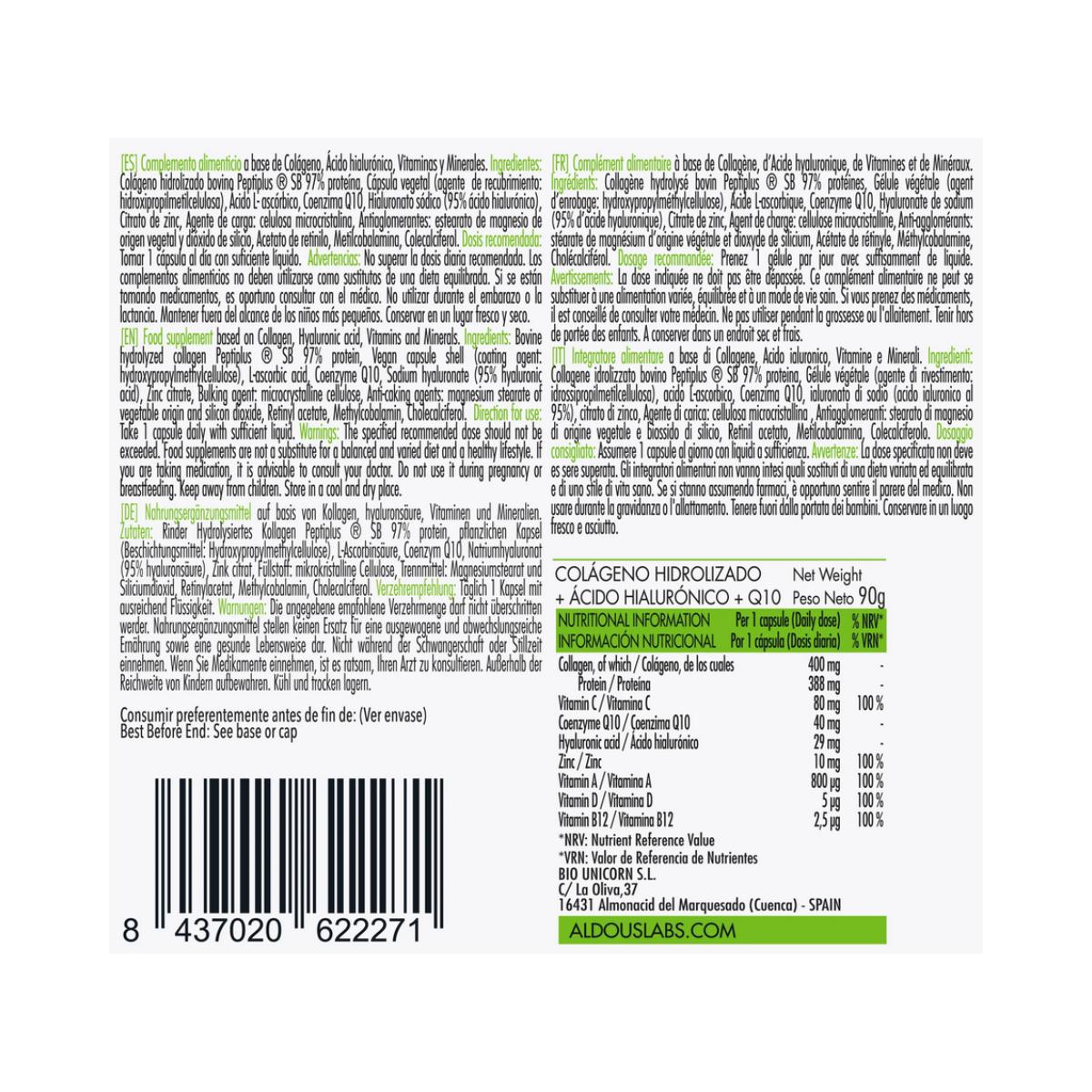 Colagénio Hidrolisado + Ácido Hialurónico + Coenzima Q10 + Vitaminas + Zinco, 120 cápsulas. Aldous Labs