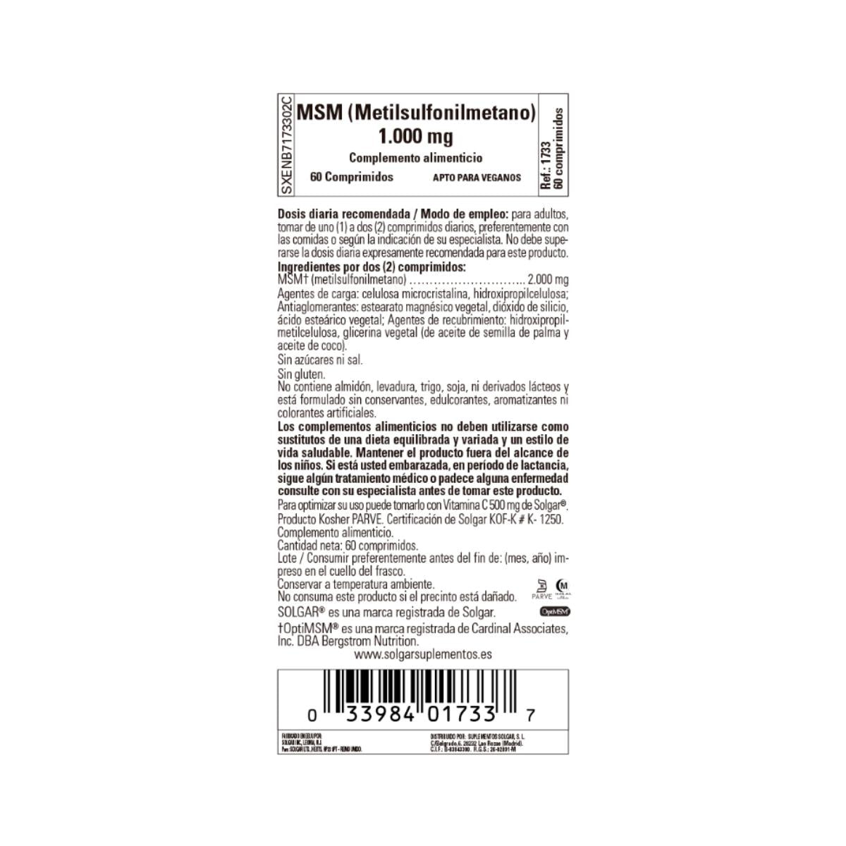 MSM (Metilsulfonilmetano), 60 comprimidos de 1000 mg