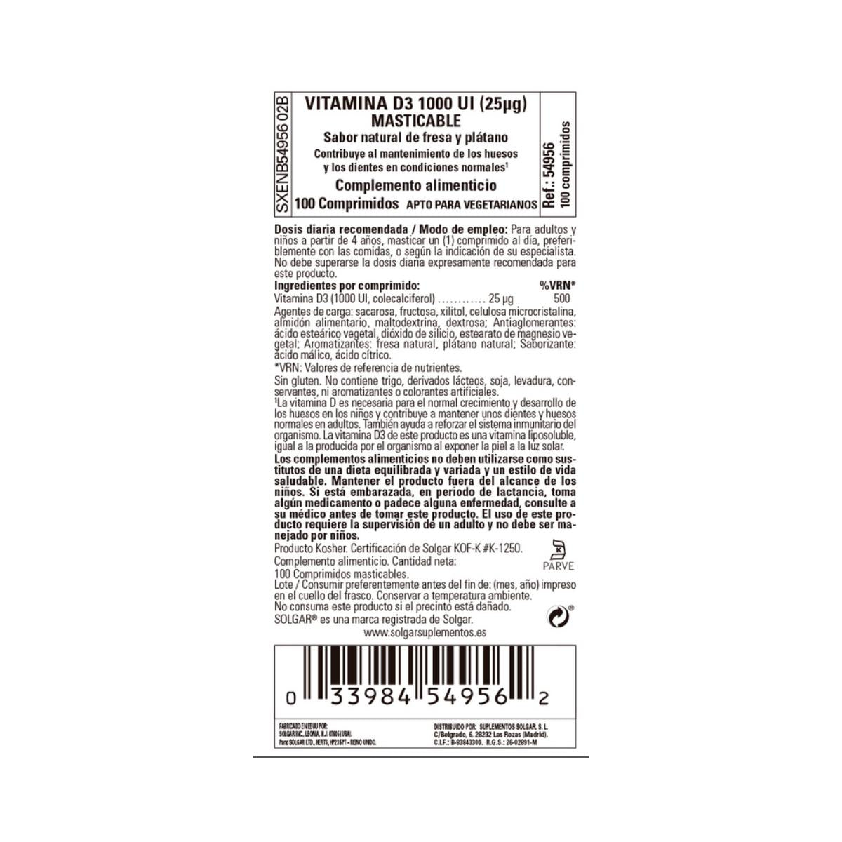 Vitamina D3 1000 UI, 100 comprimidos para mastigar de 25 mcg