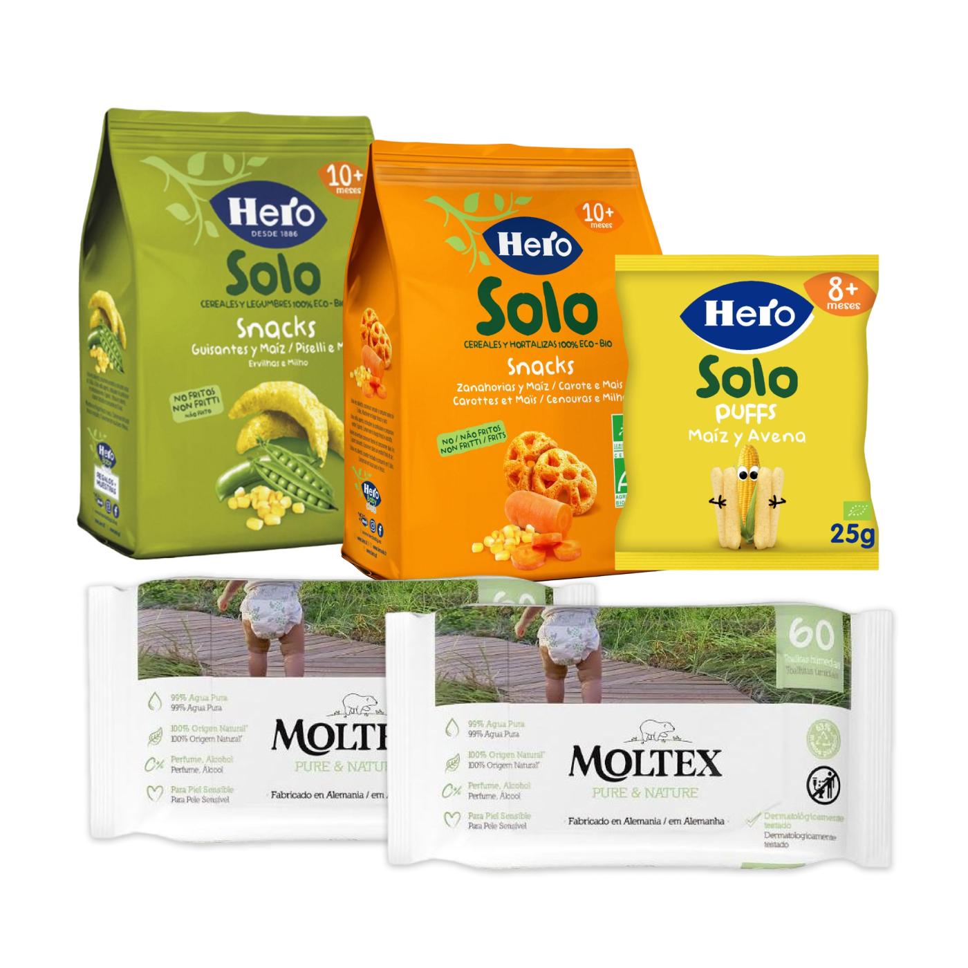 Pacote de lanche de cenoura e milho Hero + lanche de milho e aveia Hero + lanche de ervilha e milho Hero + 2 toalhitas Moltex Pure & Nature
