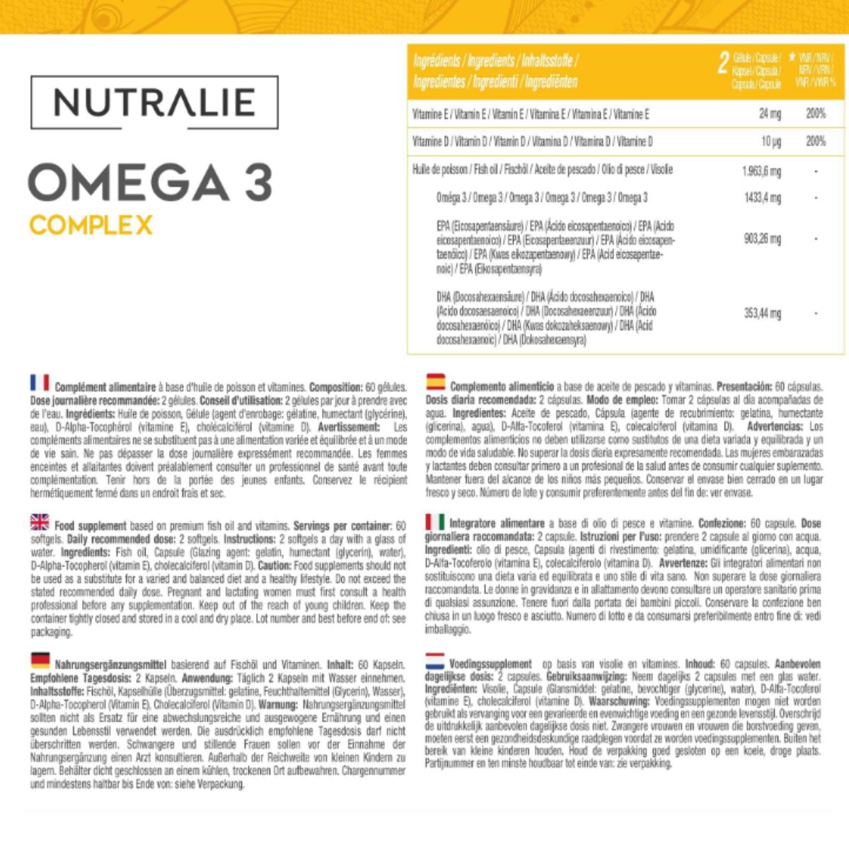 Complexo Ómega 3 2000mg + Vit E e D3 DHA EPA Nutralie 60 Cápsulas Softgel