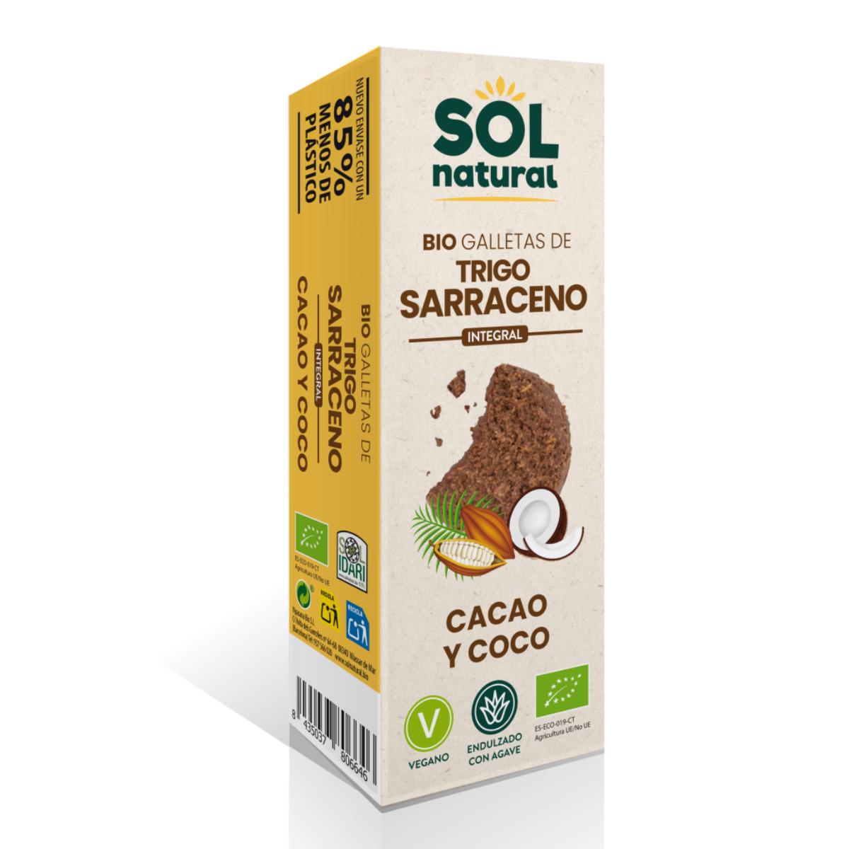 Bolachas integrais biológicas de trigo sarraceno com cacau e coco Sol Natural 175g