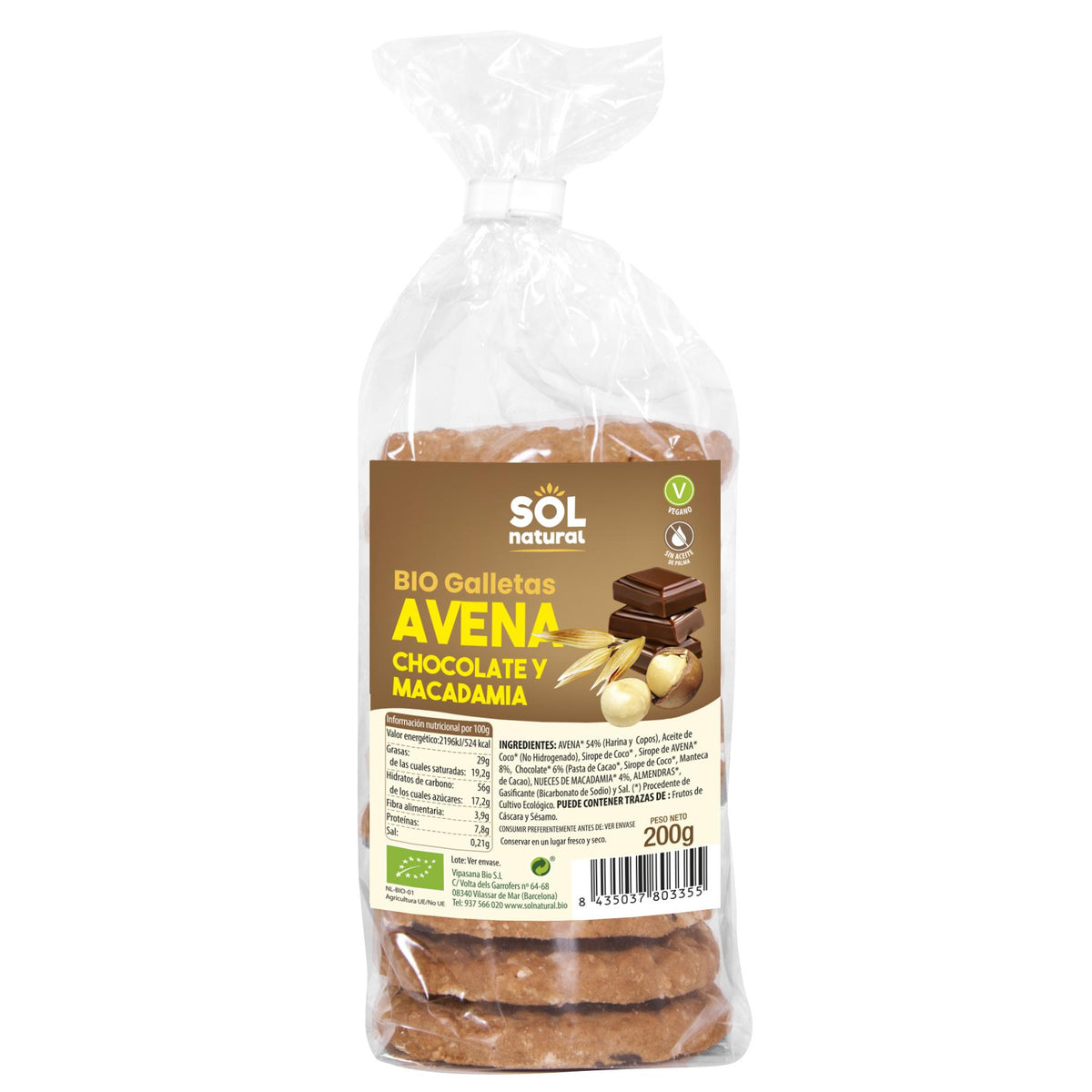 Bolachas de Aveia Biológicas Sol Natural com Chocolate e Nozes de Macadâmia 200g