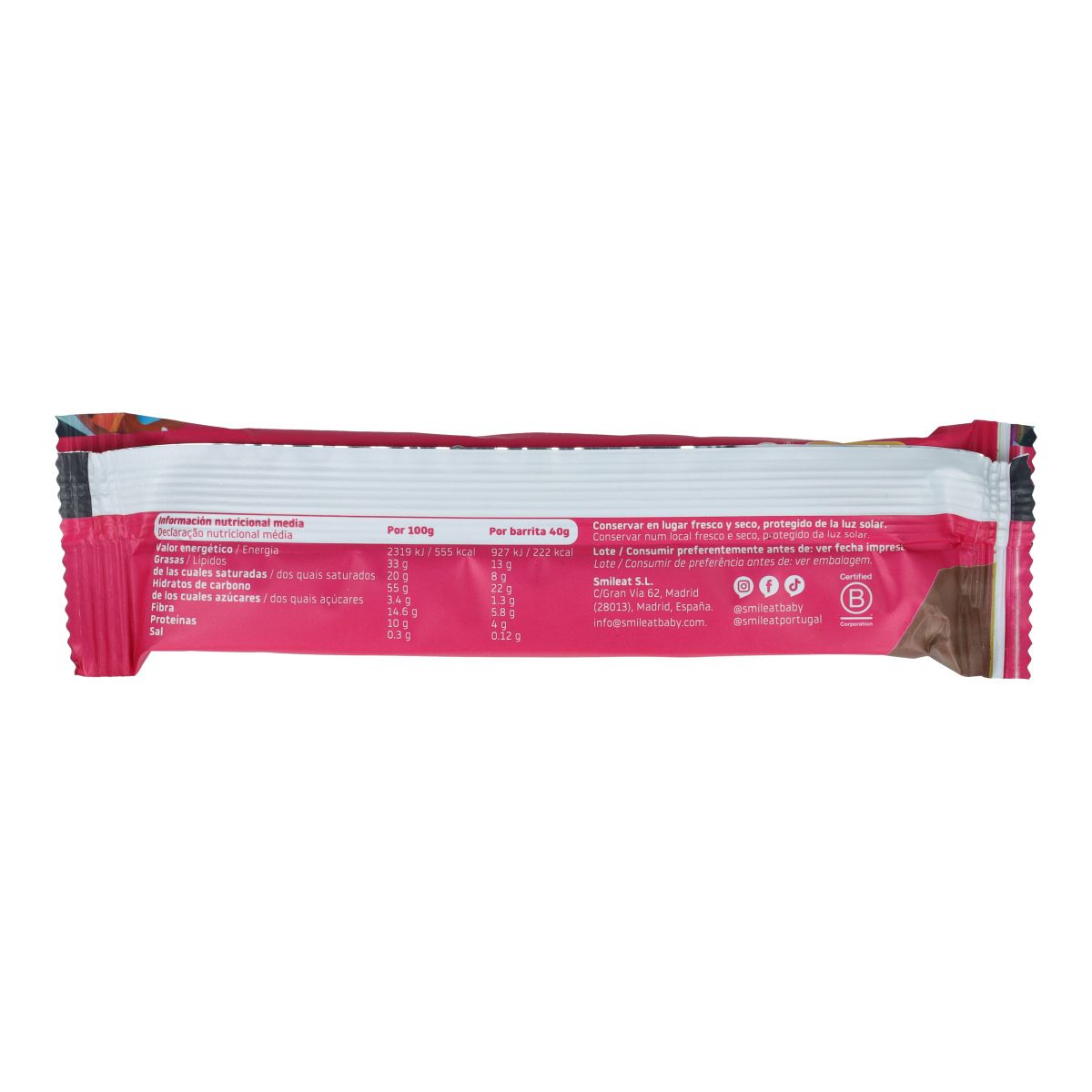 Barra de bolacha com cobertura de chocolate Smileat ECO 40g