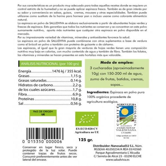 Espinafres em pó biológico 125g Salud Viva