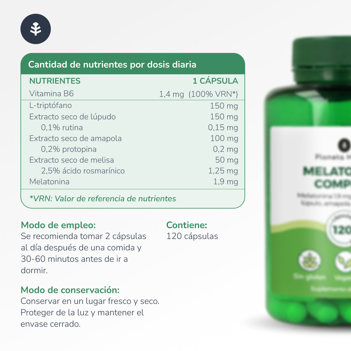 Complexo de melatonina Planeta Huerto 120 cápsulas