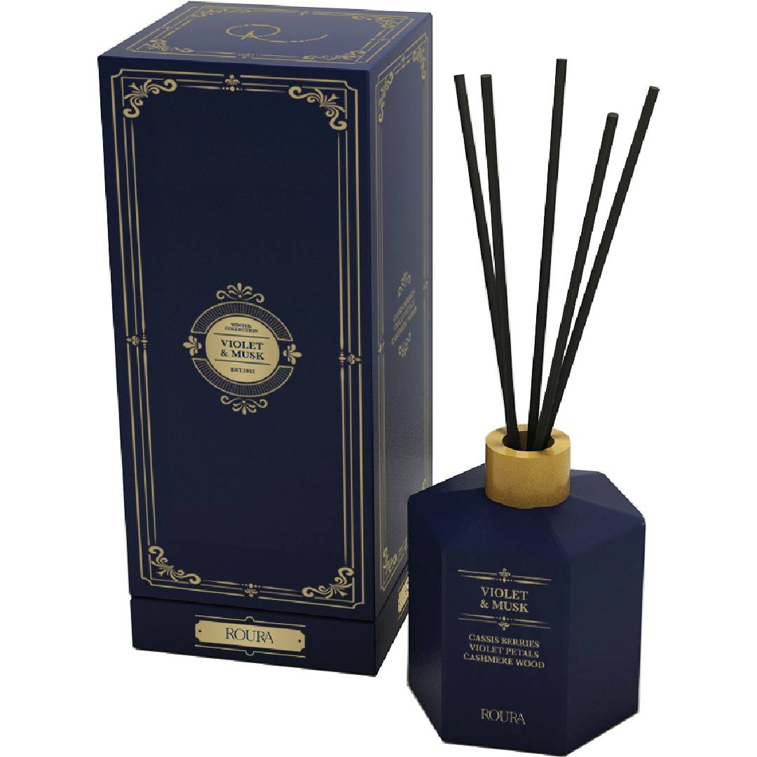 Aromatizador de ambiente Mikado Roura Violeta e Almíscar 100 ml Groselha preta, violeta e madeira de caxemira