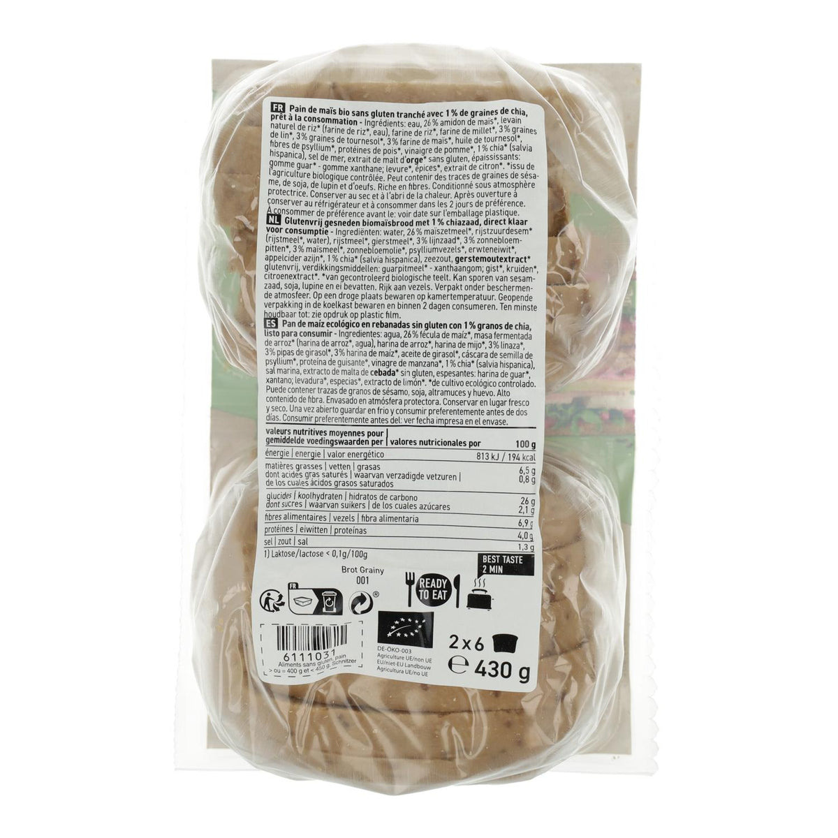 Pão de Milho Fatiado com Sementes Sem Glúten Bio Schnitzer 430 g