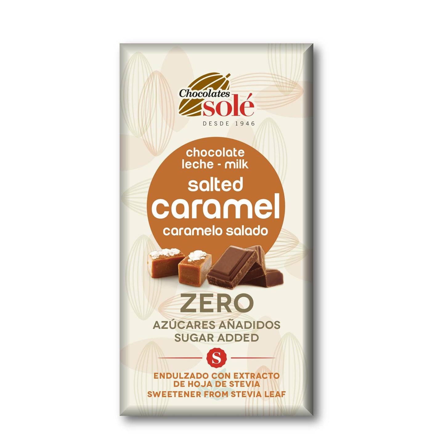 Barra de chocolate de leite com stevia e caramelo negro salgado 100g Solé