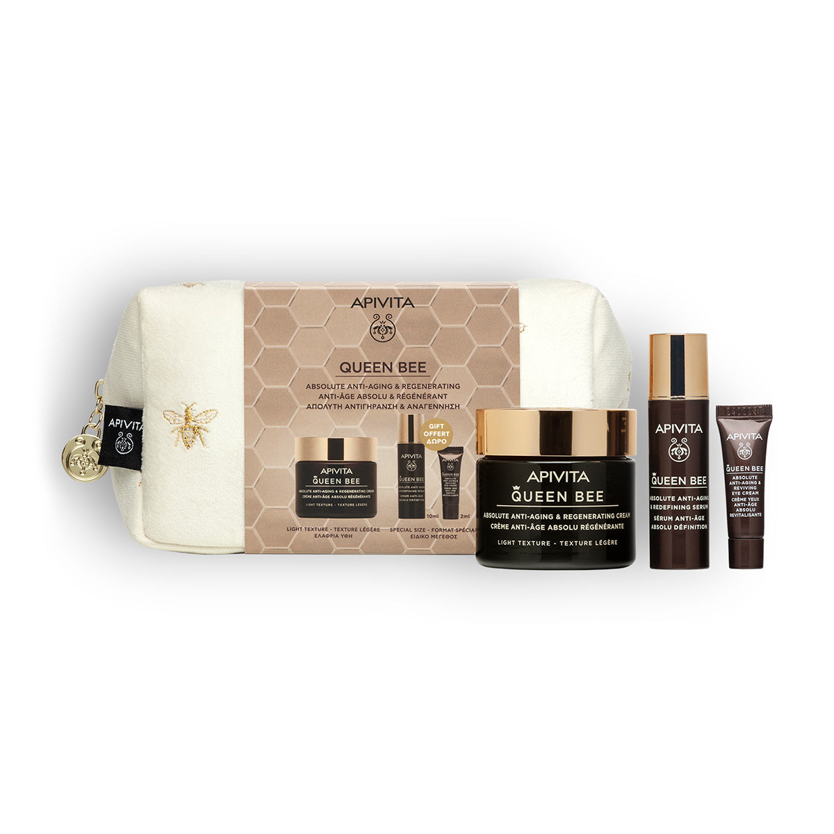 Caixa de Natal Queen Bee com creme de textura leve + sérum de oferta 10 ml + contorno de olhos 2 ml