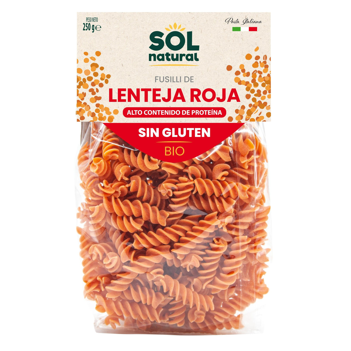 Fusilli de Lentilha Vermelha Biológica Sem Glúten Sol Natural 250g