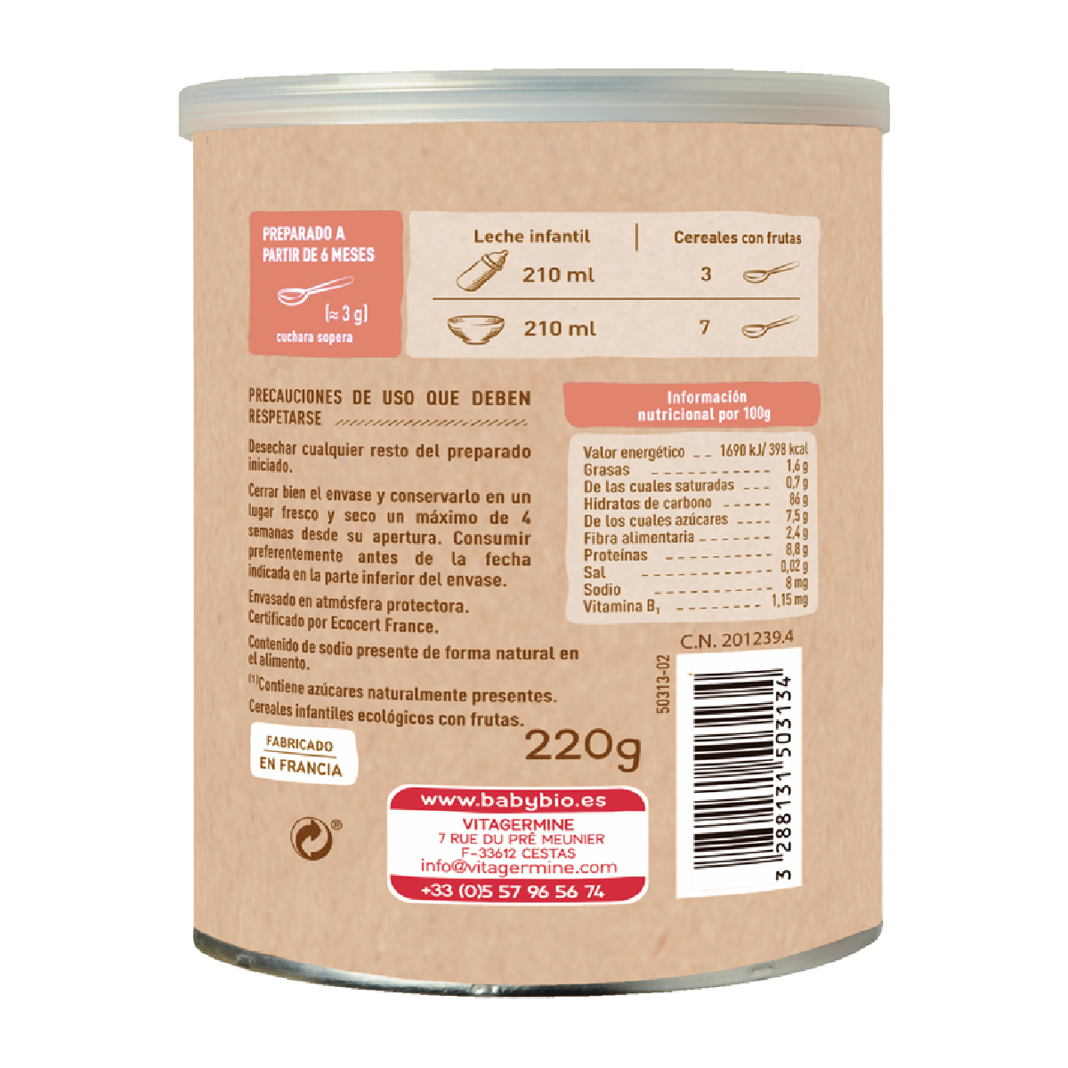 Papa de Cereais Babybio 5 com Fruta a partir dos 6 meses 220 g