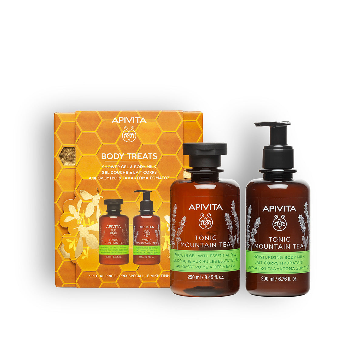 Caixa de Natal Gel Tónico Chá de Montanha + Leite Corporal 200 ml, Apivita