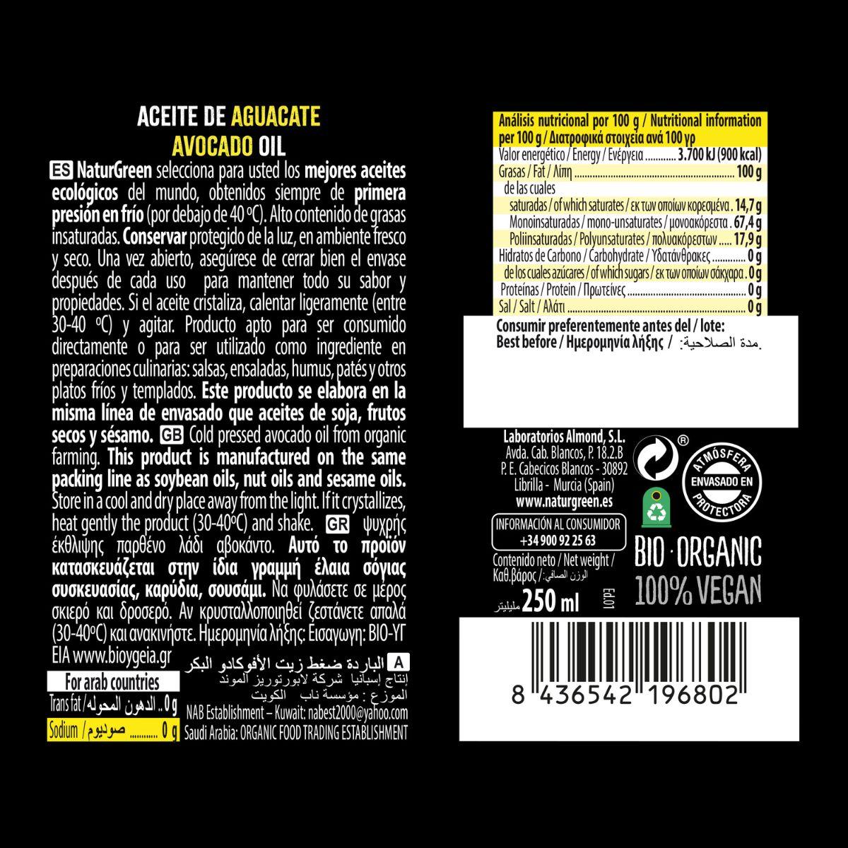 Óleo de Abacate Biológico NaturGreen 250 ml