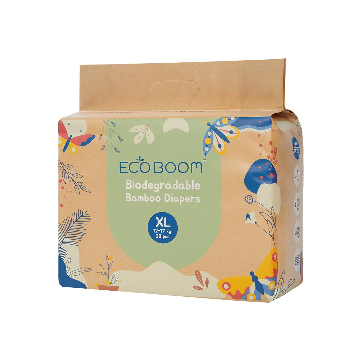 ECOBOOM - Fralda de Bambu Eco Boom. 70% biodegradável, hipoalergénica (tamanho 5/XL, 12-17 kg, embalagem de 8 fraldas, total de 224 fraldas)