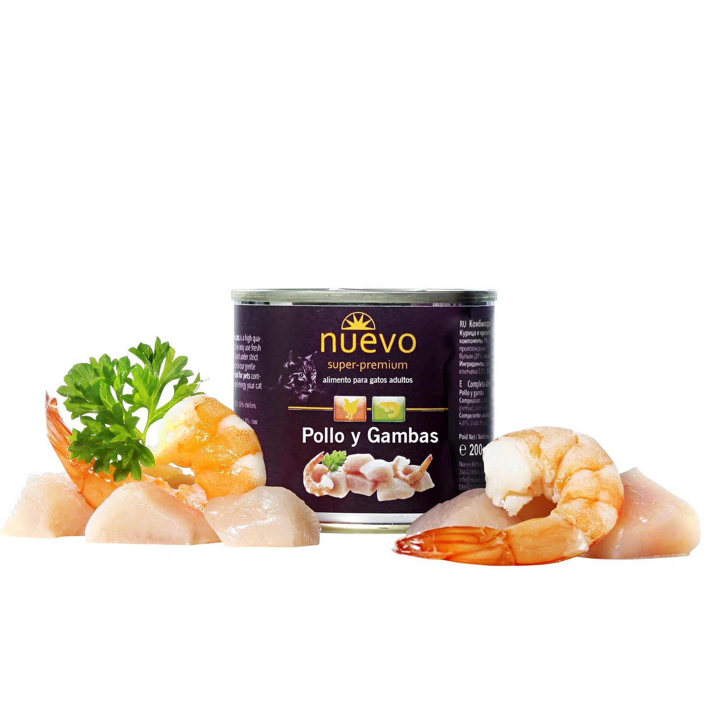 Nova lata de frango e camarão para gatos adultos 200 g