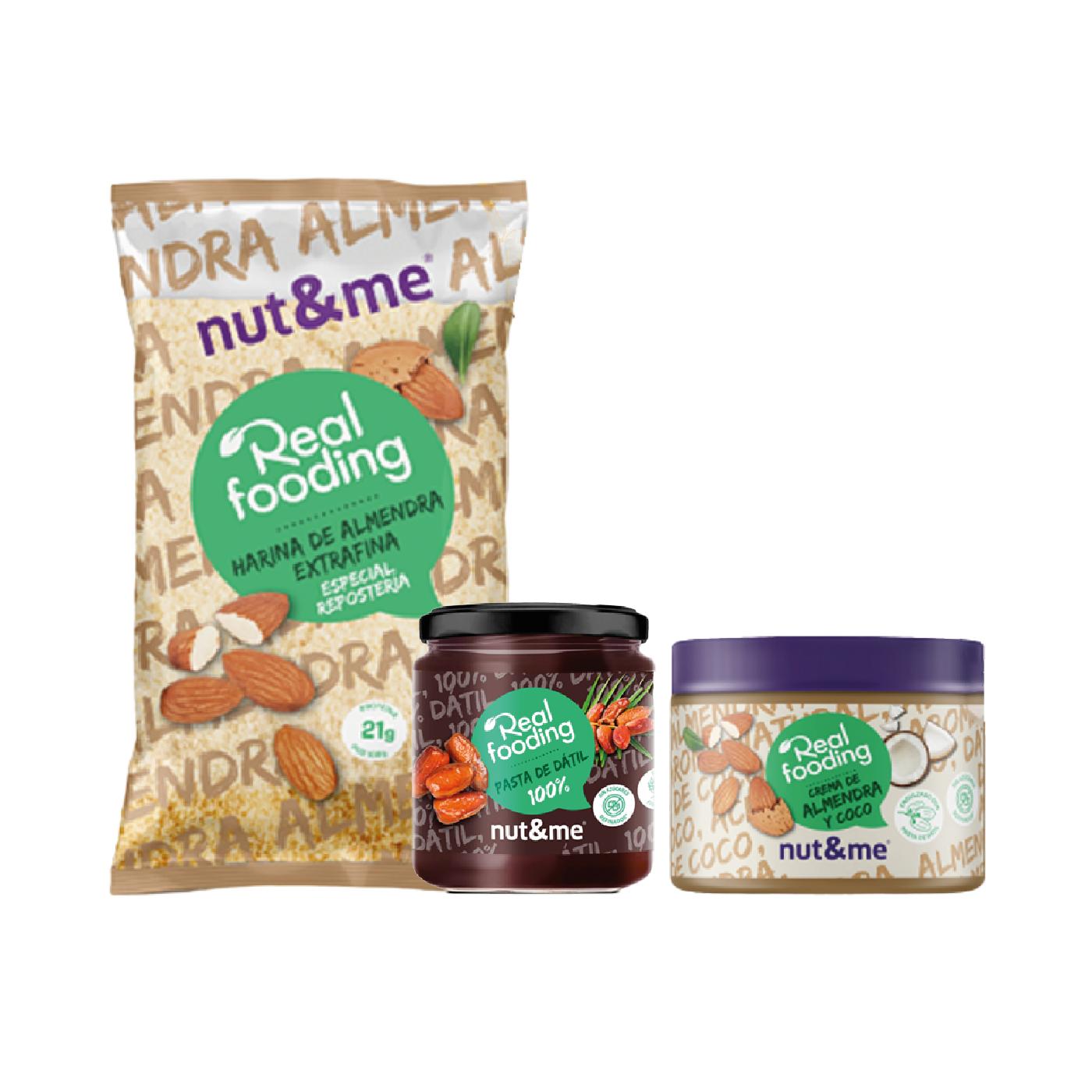 Realfooding Nut&me Pack: Farinha de Amêndoa 1kg, Creme de Amêndoa e Coco 250g e Pasta de Tâmaras 500g