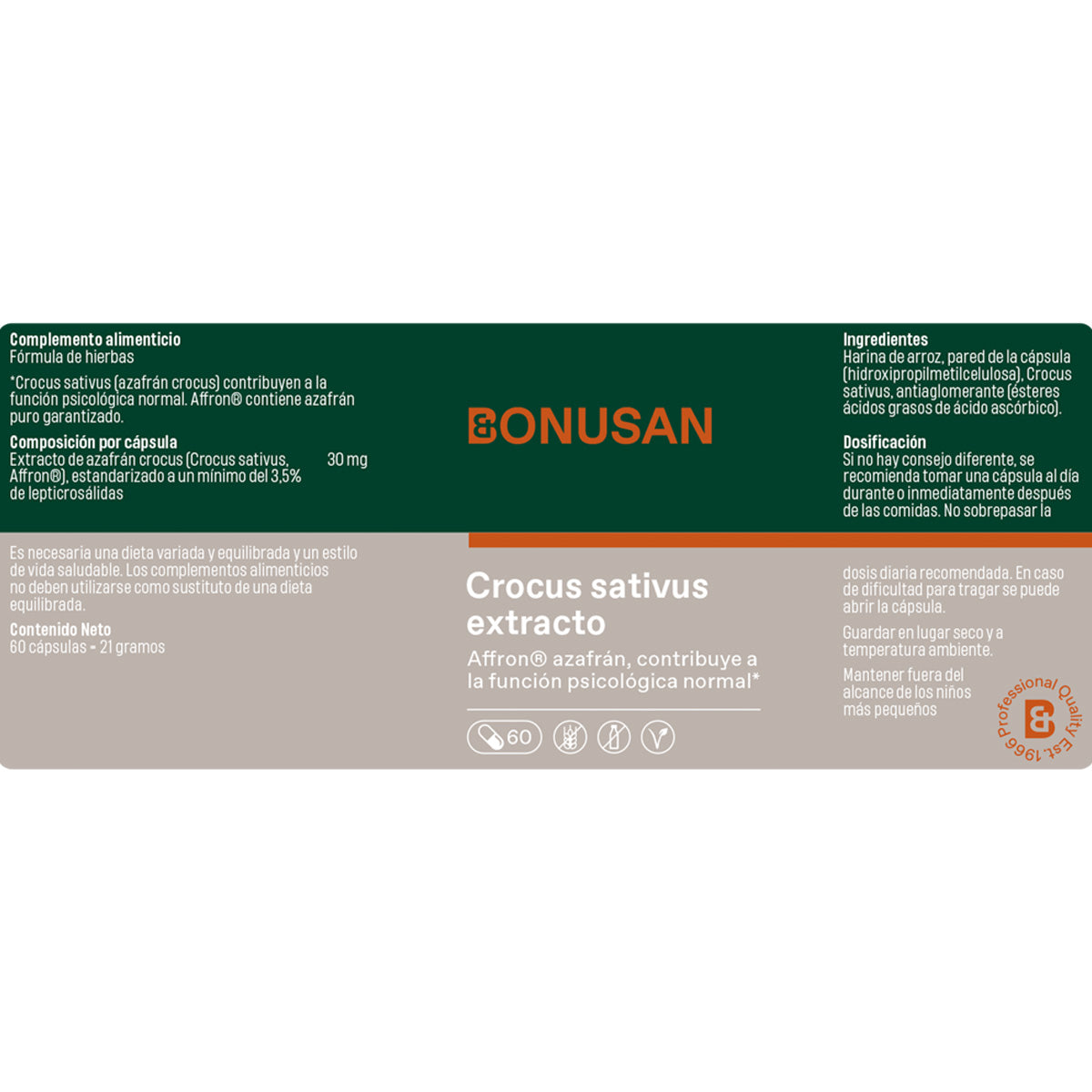 Extrato de Crocus sativus Bonusan 60 cápsulas