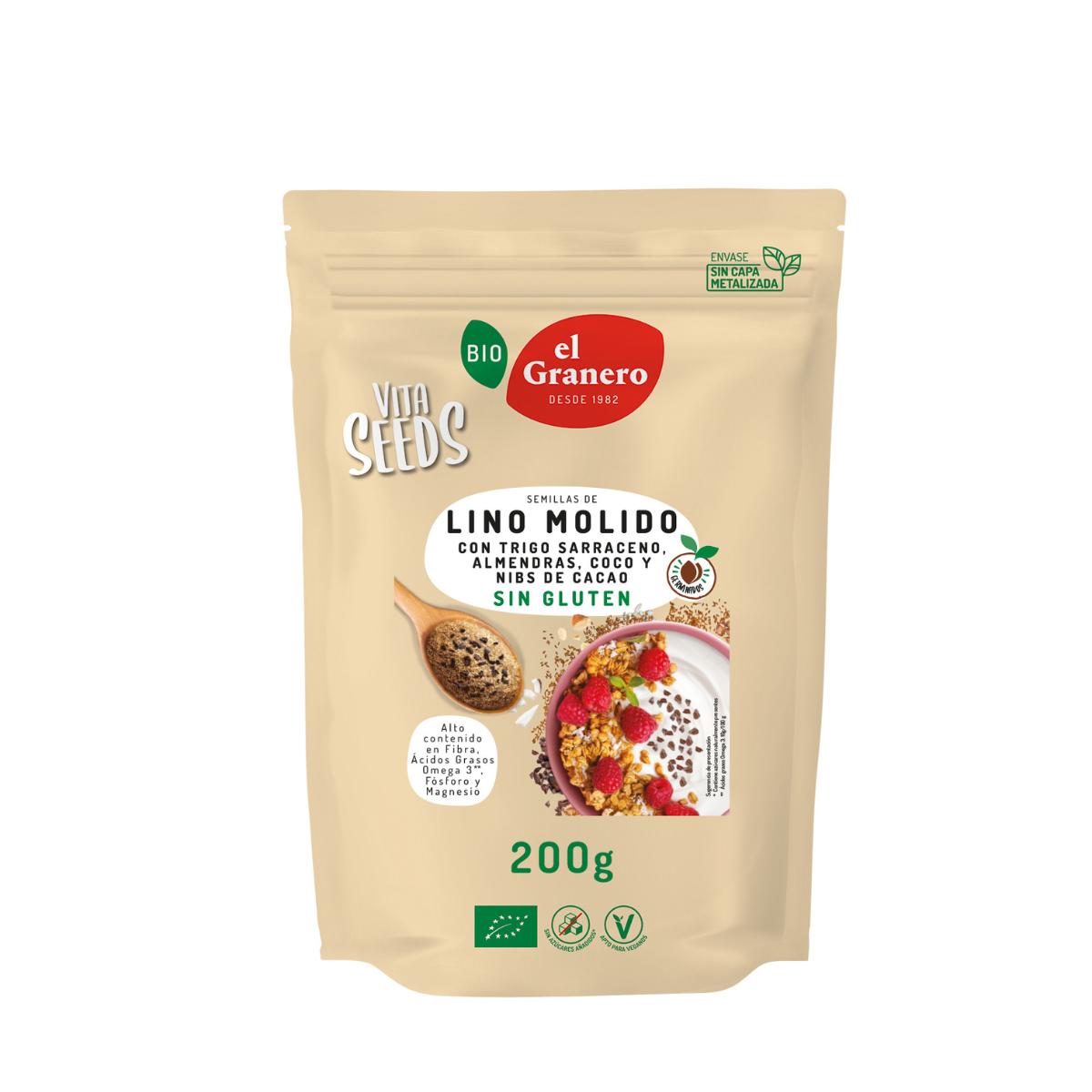 Sementes de Linhaça Moídas com Trigo Sarraceno, Amêndoas, Coco e Nibs de Cacau Vitaseeds Bio El Granero 200 g