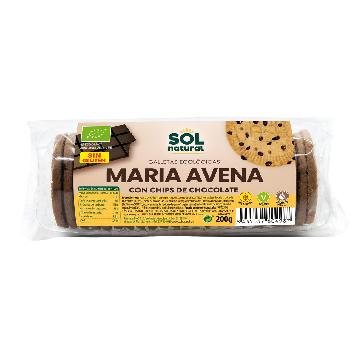 Biscoitos Maria de Aveia Biológicos sem Glúten Sol Natural com Pepitas de Chocolate 200g
