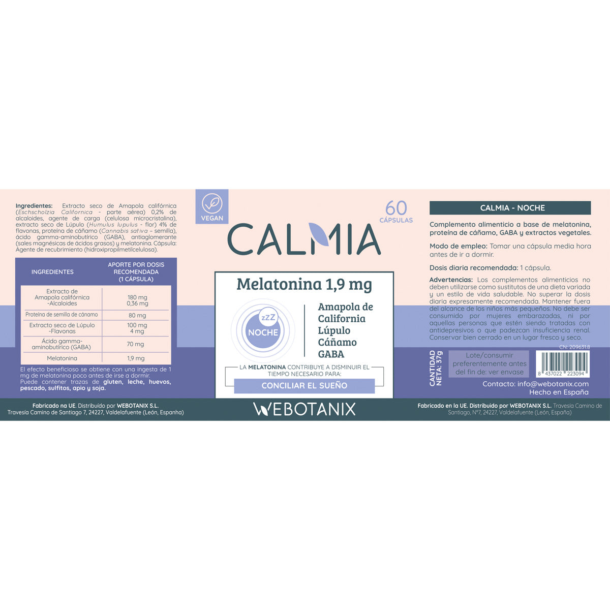 Calmia Night Forte (5HTP + Melatonina + Magnésio, L-Teanina, Valeriana) WEBOTANIX 60 cápsulas