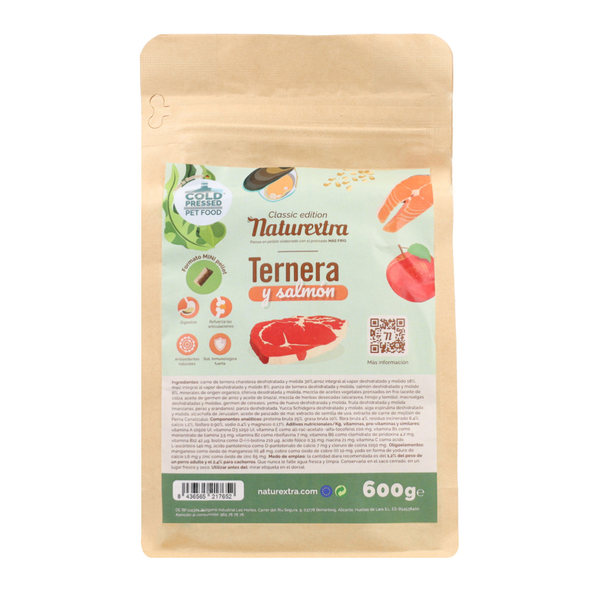 Pienso prensado en frío en Pellets Mini para perros con ternera y salmón 600 g NaturExtra