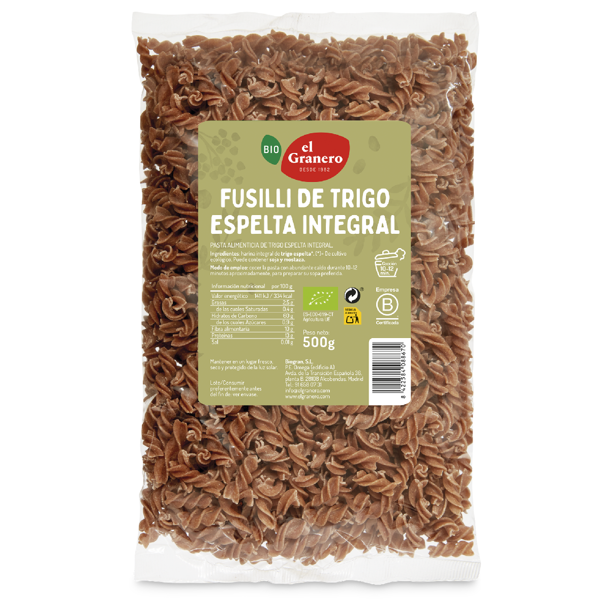 El Granero Fusilli de Espelta Integral Biológico 500 gr