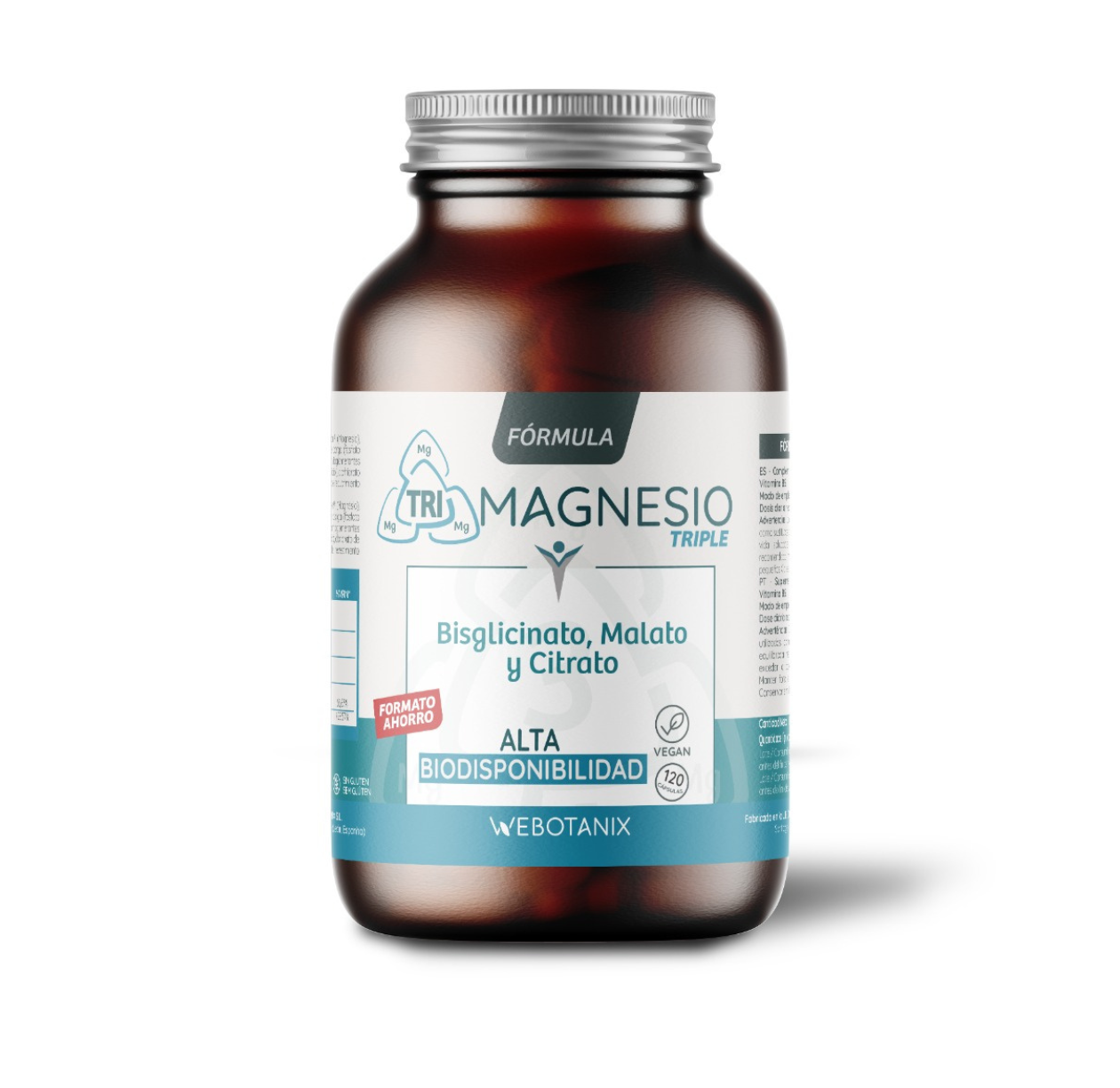 Fórmula vegan de magnésio triplo (bisglicinato, malato e citrato), WeBotanix, 120 cápsulas