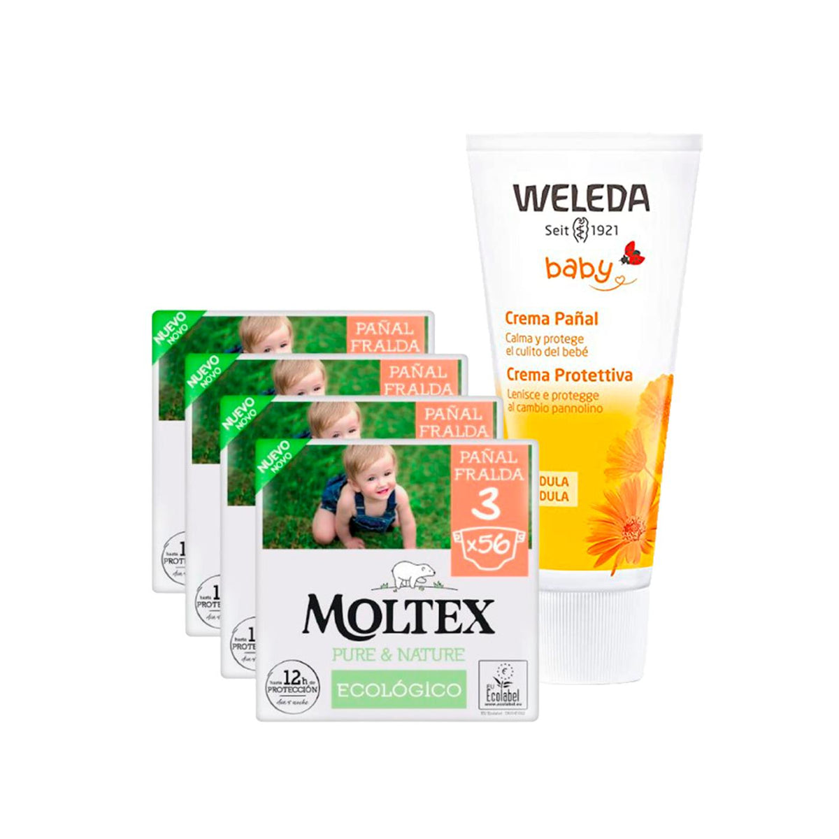 PACOTE ESPECIAL Creme para Fraldas de Calêndula Weleda 75ml + Pacote de Poupança Fraldas Moltex Pure & Nature T3 (4-10 kg) 224 Unidades
