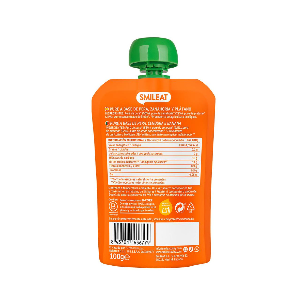 Smileat pera, banana e cenoura saqueta 100 g