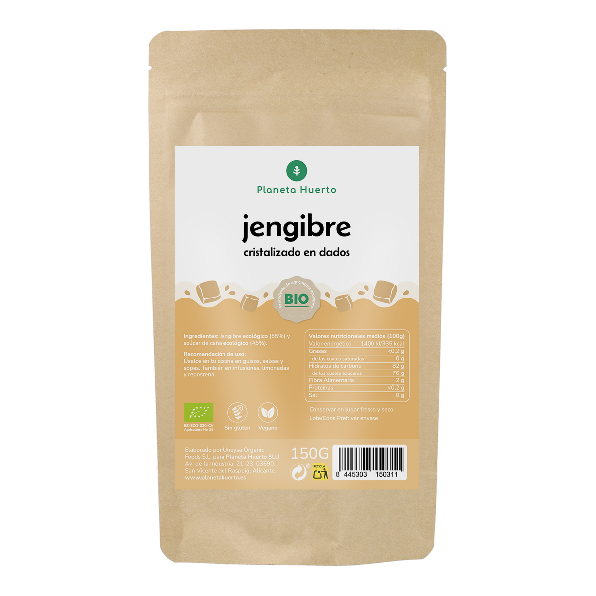 Gengibre cristalizado biológico em cubos Planeta Huerto 150 g