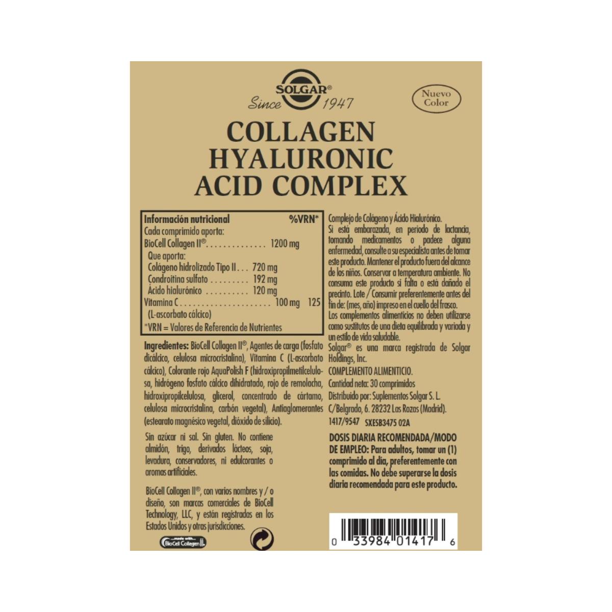 Complexo de colagénio ácido hialurónico 30 comprimidos 120 mg - Solgar