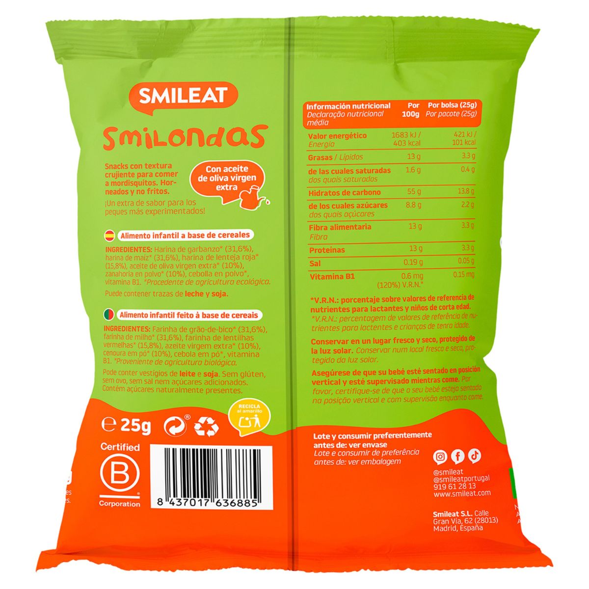 Smilondas Snack Milho, grão de bico, lentilhas e cenoura Eco Smileat 25 g
