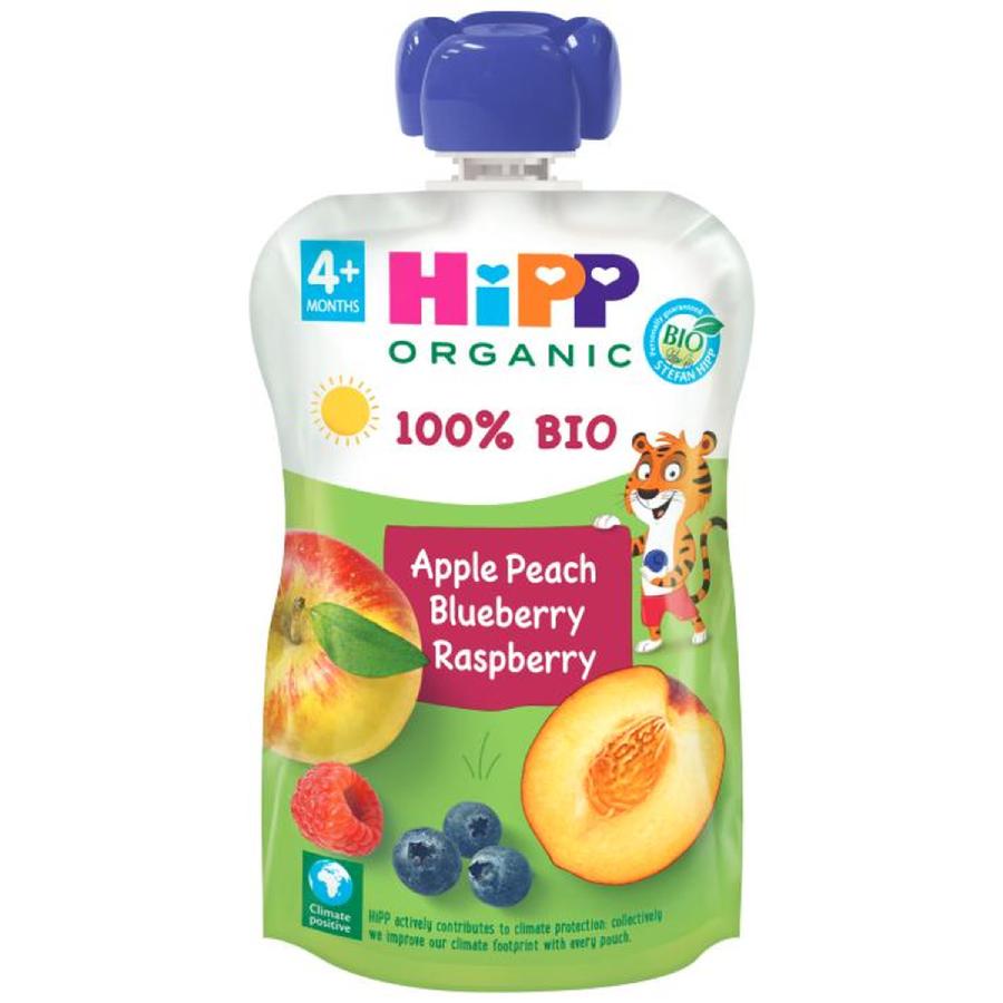 Pack de 6 saquetas biológicas de pêssego, maçã e frutos vermelhos para bebé a partir dos 4 meses HiPP 100 g