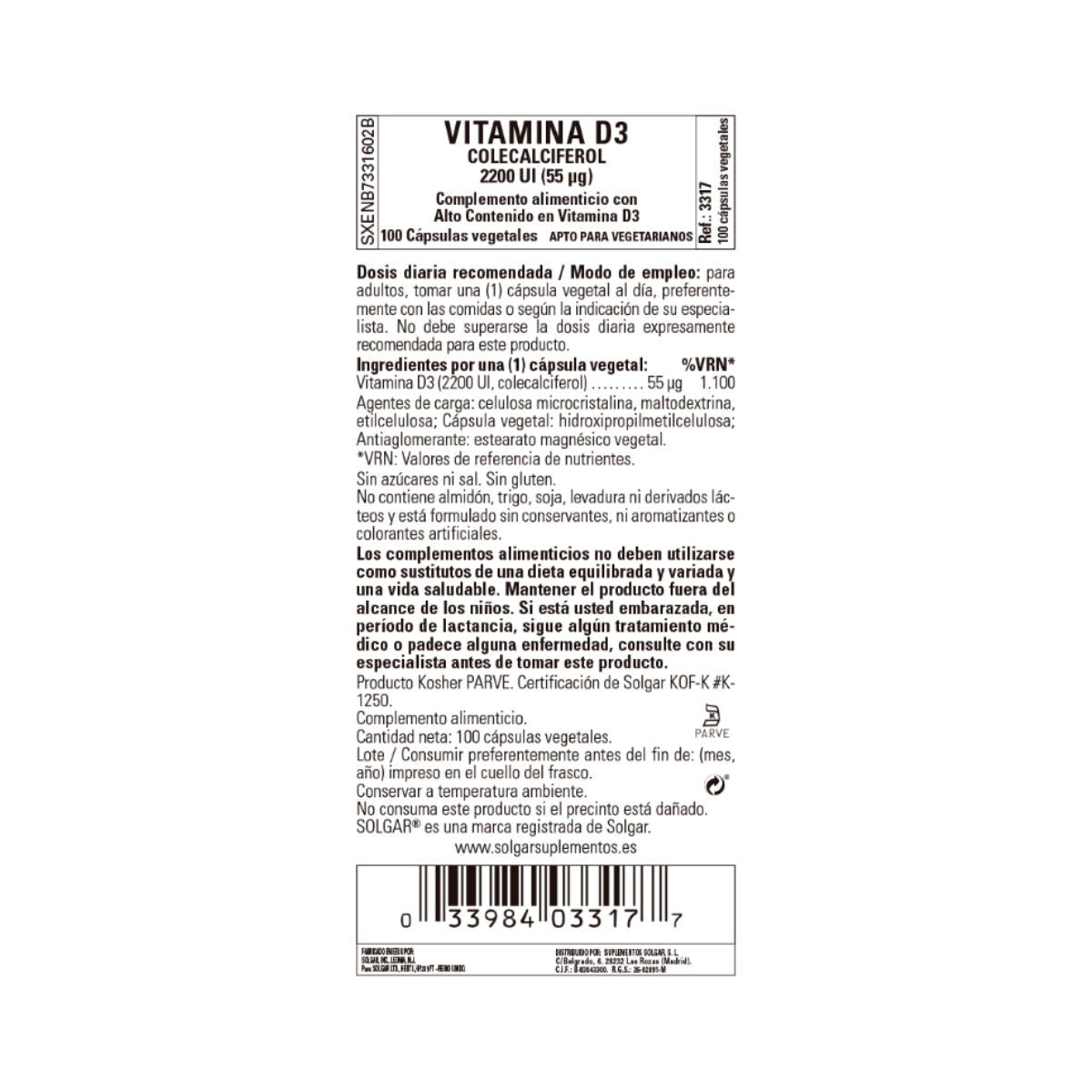 Embalagem 2x Vitamina D3 2200 UI, Solgar, 50 cápsulas vegetais