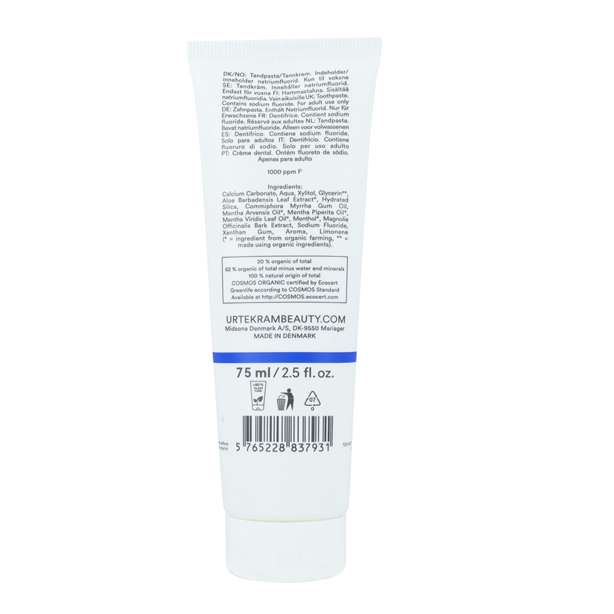 Pasta de dentes com flúor orgânico Urtekram com menta 75 ml