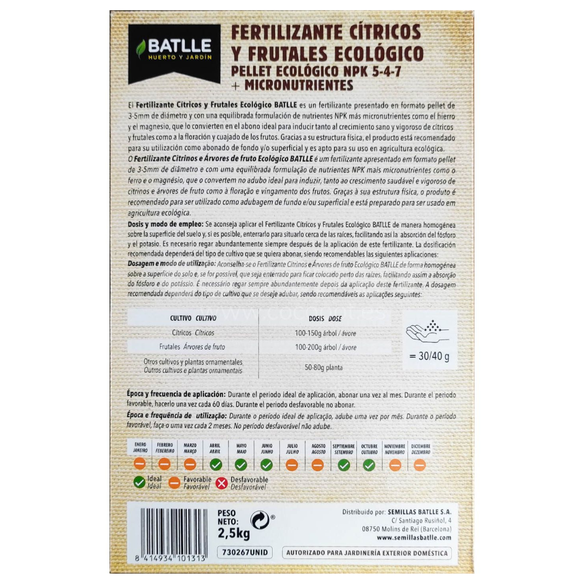Fertilizante biológico Batlle para árvores de citrinos e de fruto 2,5 kg