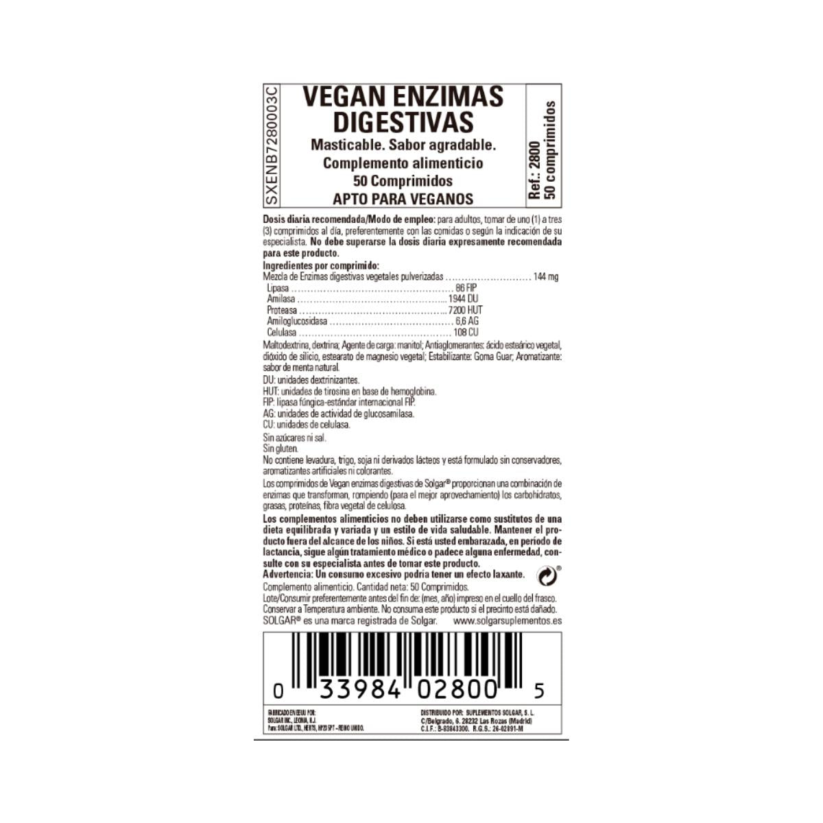 Enzimas Digestivas Vegan, 50 comprimidos mastigáveis