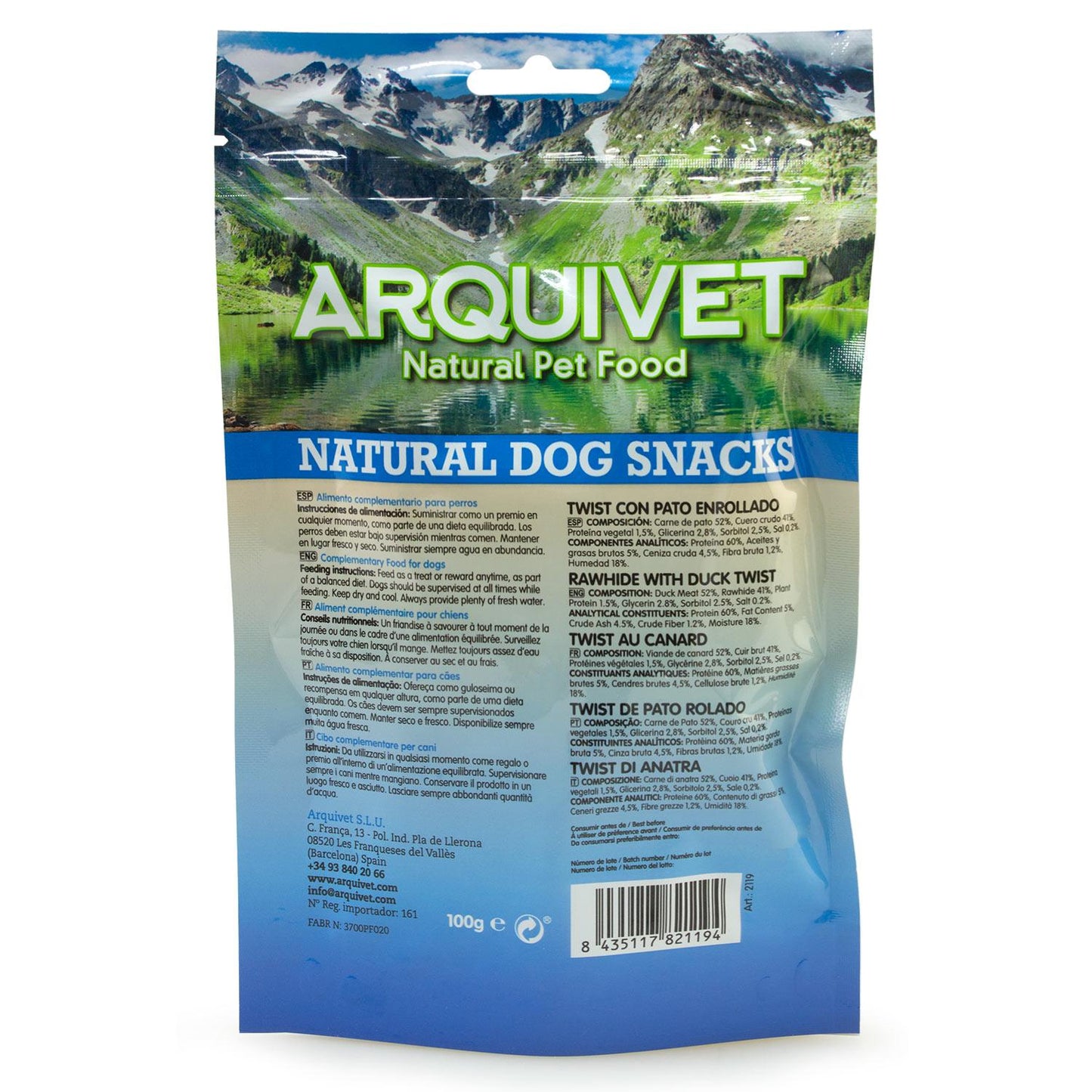 Snack para cães Arquivet Natural Twist Rolled Duck 13cm 100g