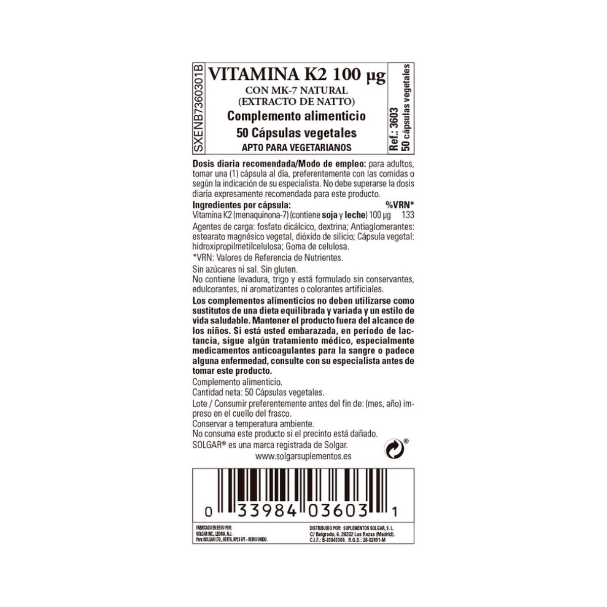 Vitamina K2, 50 cápsulas vegetais de 100 mcg