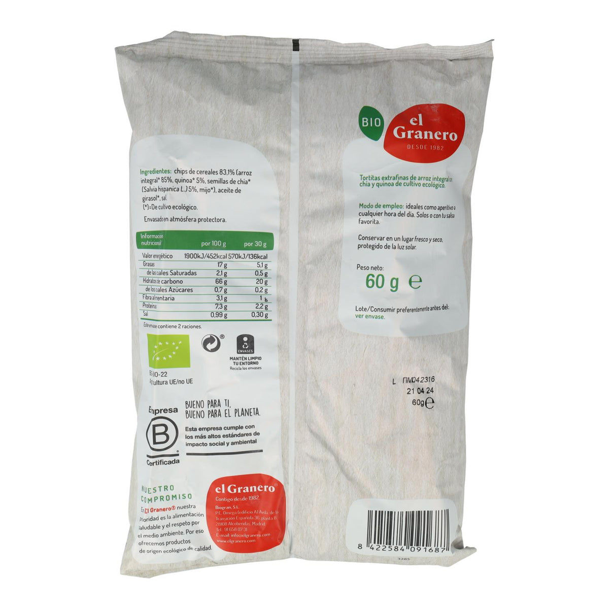 Bolinhos extrafinos de arroz integral, chia e quinoa BIO sem glúten El Granero 60 g